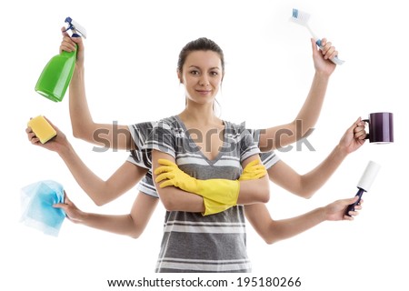 woman with many arms getting ready to do a spring clean Royalty-Free Stock Photo #195180266
