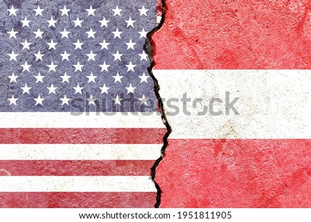 Grunge USA VS Austria national flags icon pattern isolated on broken cracked wall background, abstract international political relationship friendship divided conflicts concept texture wallpaper
