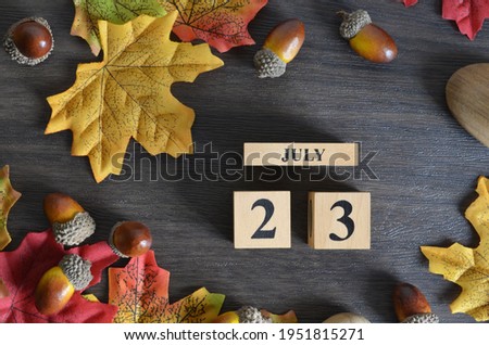 July 23, Cover Date design with Calendar cube decorate with maple leaf and Acorn Oak seed for your business.