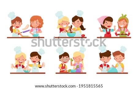 Happy Boy and Girl Chef Characters Wearing Apron and Hat Kneading Dough and Dressing Cake with Strawberry Together Vector Set