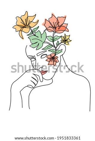 Modern minimalist woman faces single line art with colored flowers over her head