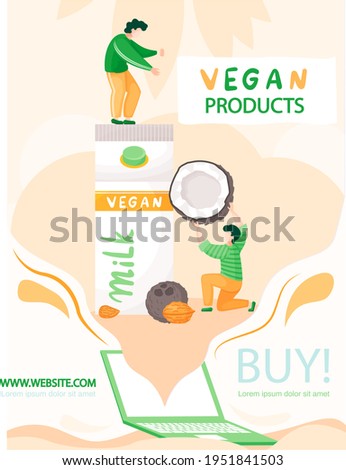 Vegan products website concept poster. People adhere to healthy lifestyle and proper nutrition