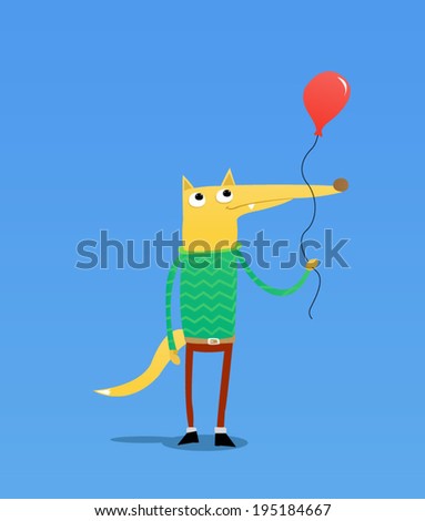Happy little fox boy holding a red balloon with a blue background