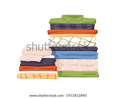 Stack of neat and clean clothes. Pile of neatly folded shirts, tshirts, jeans, trousers, pants and bath towels. Flat cartoon vector illustration isolated on white background Royalty-Free Stock Photo #1951852840