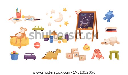 Set of kid plush and plastic toys, chalkboard, pencils, drawings, books, wooden building cubes and blocks for children's entertainment. Colored flat vector illustration isolated on white background Royalty-Free Stock Photo #1951852858