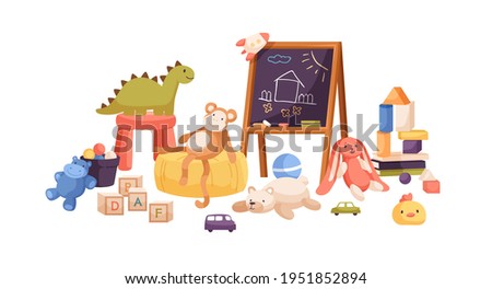 Chalkboard with childish drawings, kids toys, balls, teddy bear, cars, books, cubes and blocks for kindergarten. Composition of nursery items. Flat cartoon vector illustration isolated on white Royalty-Free Stock Photo #1951852894