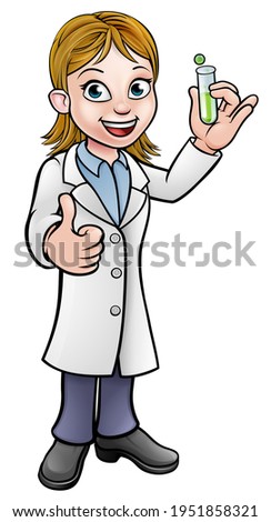 A cartoon scientist professor wearing lab white coat holding a test tube and giving a thumbs up