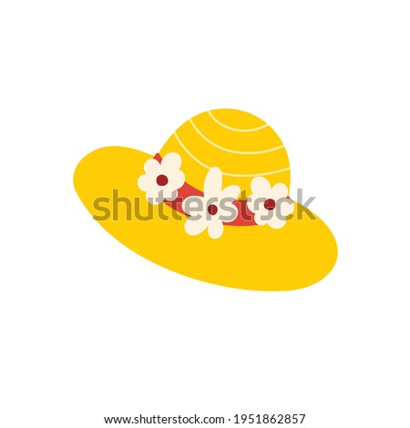 Cute yellow hat. Hand drawn hat with flowers in cartoon style. Summer clothes isolated element. Vector illustration