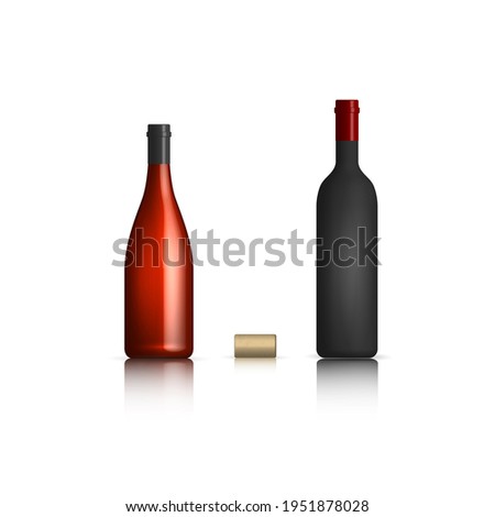 Photorealistic bottles of red wine with cork. Front view, 3D illustration.