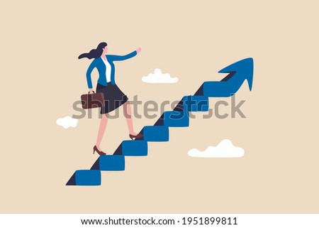 Career success for woman or female leadership, goal achievement and business challenge or gender equality concept, confidence businesswoman take small step walking up staircase with arrow pointing up. Royalty-Free Stock Photo #1951899811