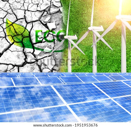 Solar panels on the background with the flag of Ecology logo and Wind Turbine. Switching to renewable energy, wind energy and solar energy
