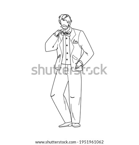 Tuxedo And Butterfly Tie Wearing Young Man Black Line Pencil Drawing Vector. Whiskered Businessman Wearing Elegant Tuxedo Costume Clothes. Character Guy In Elegance Classic And Stylish Suit 