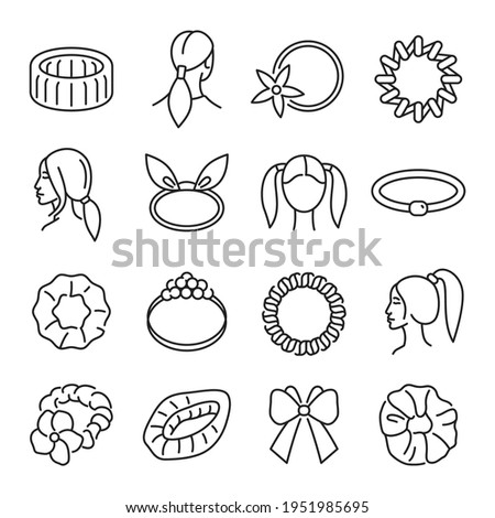 Collection of hair bands icon vector illustration in simple monochrome style. Set of hairdo accessories for child and adult isolated on white. Linear headband decorated by flower, bow or funny ears Royalty-Free Stock Photo #1951985695