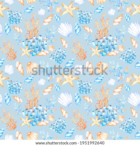 Seamless pattern on a marine theme from watercolor seashells, corals, starfish in beige and blue tones on beige for printing on fabric, wrapping paper, textiles, clothing and design.