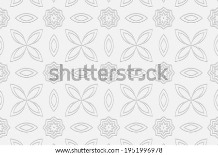 Geometric volumetric convex white background. Ethnic African, Mexican, Indian motives. 3d embossed graceful beautiful pattern.Fashionable craft style for wallpaper, textile, business card.