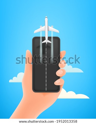 Departure concept. Man holding modern smartphone with airplane 