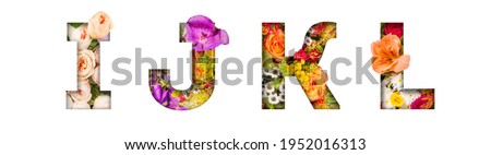 Floral letters. The letters I, J, K, L are made from colorful flower photos. A collection of wonderful flora letters for unique spring decorations and various creation ideas