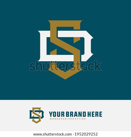 Initial letters S, D, SD or DS overlapping, interlock, monogram logo, white and gold color on tosca background