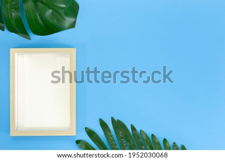 Photo Frame with plant isolated on blue background with copy space