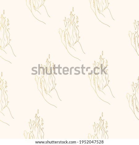 Golden Witch hand with fire seamless pattern. Witchcraft background fortextile in gold.