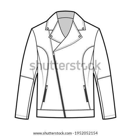 Zip-up biker jacket technical fashion illustration with oversized, asymmetrical zip front fold-over lapels collar, long sleeves, welt pocket. Flat coat template white color style. Women men CAD mockup