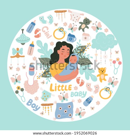 Woman holding a small baby in her arms a set of items for newborns, vector objects in doodle style, colored doodles.