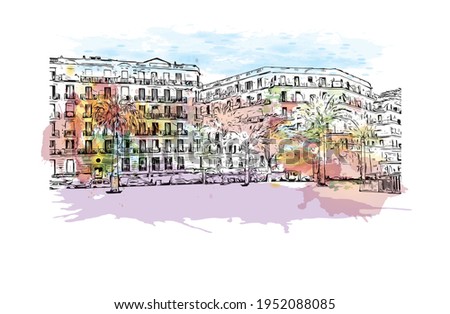 Building view with landmark of El Oued is the 
city in Algeria. Watercolour splash with hand drawn sketch illustration in vector.
