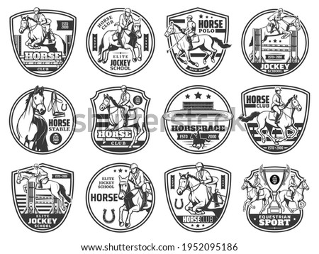 Horse racing, equestrian rides and horse race polo club vector emblem icons. Equine steeplechase championship and jockey school badges, mustang trotter on hippodrome, equestrian sport cup signs