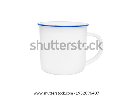 White vintage mug isolated on white background. Retro style steel cup, mock-up.