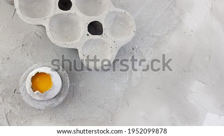 an egg in a concrete stand and a rough gray background. a real egg yolk in a stone shell. the colors of 2021 and different textures.