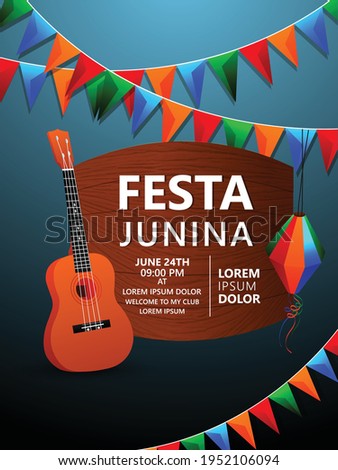 Festa junina poster with colorful flag and guitar and paper lantern