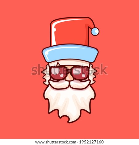 Santa Claus head with Santa red hat and hipster sunglasses isolated on red Christmas background. Santa label or sticker design 