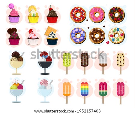 Big vector set of sweets. Illustration of different types of ice cream, donuts and cupcakes. Flat design. Cartoon food illustration. Set for a pastry shop, children, for a holiday, for a party. Candy 