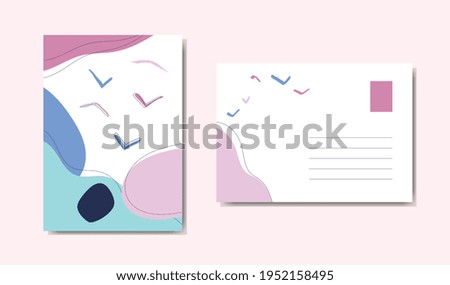 Abstract landscape and flying birds with pastel color for postcard. Trendy modern hand drawn artwork in boho style. Fashion design and stylish line art. Vector illustration template