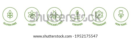 Natural cosmetic icons. Skincare logo. Pesticides free, vegan, bio, non toxic, certified labels. Beauty badges. GMO free emblems. Organic cosmetic line art stickers. Healthy food. Vector illustration. Royalty-Free Stock Photo #1952175547