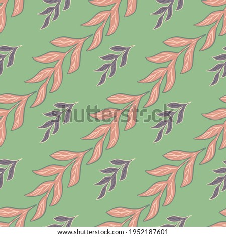 Purple and pink colored outline branches shapes seamless pattern. Pastel green background. Simple style. Designed for fabric design, textile print, wrapping, cover. Vector illustration.