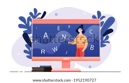 Using gadgets to learn languages, online study through the website, communication with foreigners. Flat abstract metaphor cartoon vector illustration concept. Simple art isolated on white background.