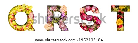 Floral letters. The letters Q, R, S, T are made from colorful flower photos. A collection of wonderful flora letters for unique spring decorations and various creation ideas.