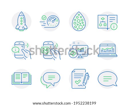 Technology icons set. Included icon as Call center, 24h service, Rocket signs. Speedometer, Technical algorithm, Medical analytics symbols. Approved agreement, Education, Text message. Vector