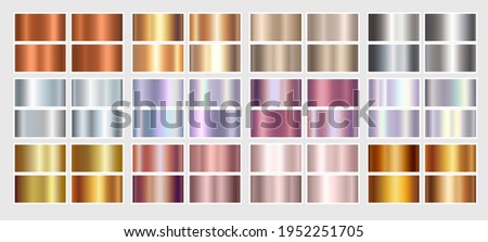 Gold rose, silver, holographic, bronze, copper and golden foil texture gradation background set. Vector shiny hologram and metalic gradient collection for border, frame, ribbon, label design Royalty-Free Stock Photo #1952251705