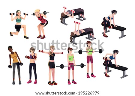 A vector illustration of beautiful women exercises with weights