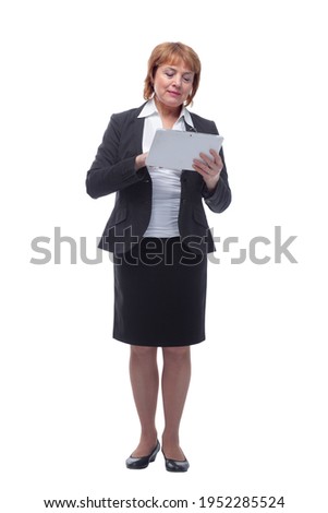 Front view of smiling business woman with tablet computer
