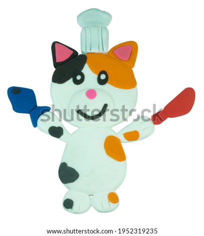 Smile Plasticine Chef Calico tree color cat handing fish and knife on white backgrpund