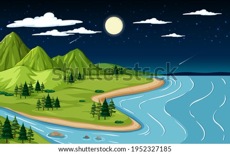 Nature landscape scene with mountain and river at night time illustration