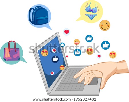 Hand using laptop with emoji icons on white background illustration