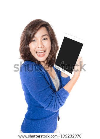 Isolated portrait of beautiful young woman with digital tablet on white background. Pretty female model smiling and feeling great.