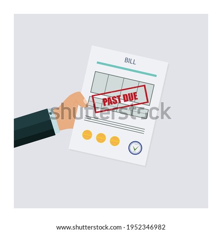 Past due, unpaid, overdue or bill. A businessman's hand holds an expense document with a deferred payment.Debt or past purchase notice. Financial data and red stamp. Vector