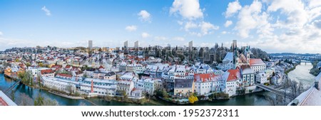 city of steyr, panoramic view from castle schloss lamberg on a snowy day in april
 Royalty-Free Stock Photo #1952372311