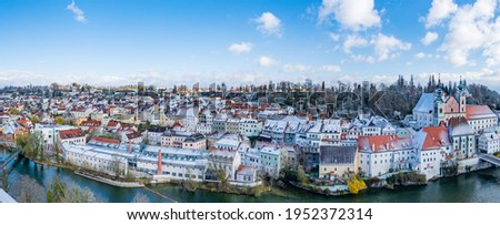 city of steyr, panoramic view from castle schloss lamberg on a snowy day in april
 Royalty-Free Stock Photo #1952372314