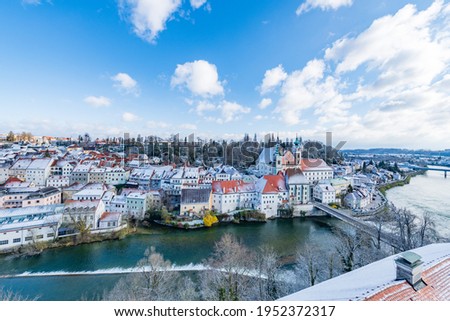 city of steyr, panoramic view from castle schloss lamberg on a snowy day in april
 Royalty-Free Stock Photo #1952372317